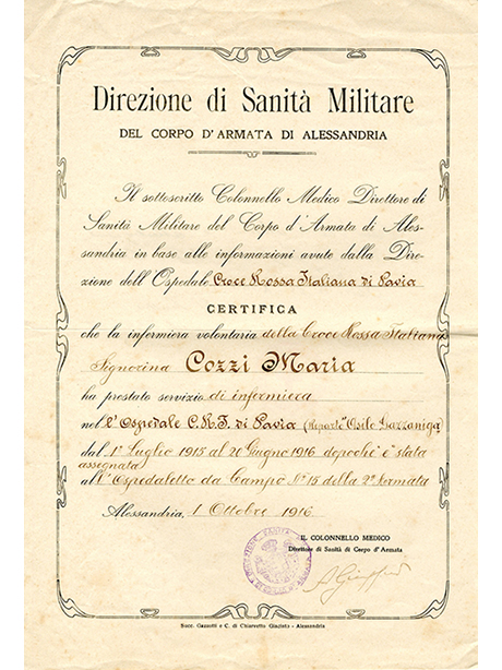 Certificato della Direzione di sanità militare del Corpo di armata di Alessandria relativo ai luoghi di prestazione di servizio dell'infermiera Maria Cozzi (1916 ottobre 1)
